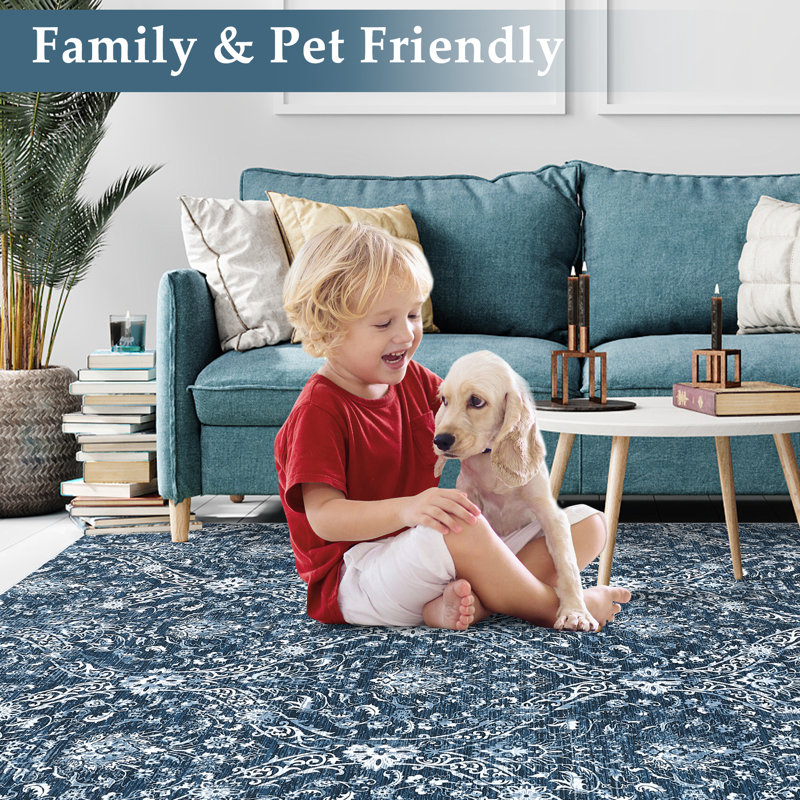 Washable 5x7 Area Rug Non Slip Rug Vintage Rugs Foldable Rugs for Bedroom Living Room Study Room, Blue, Rectangle 5' x 7'