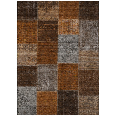 8' X 10' Orange And Taupe Patchwork Washable Indoor Outdoor Area Rug
