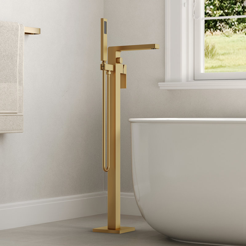 Single Handle Floor Mounted Freestanding Tub Filler Faucet with Diverter, Brushed Gold