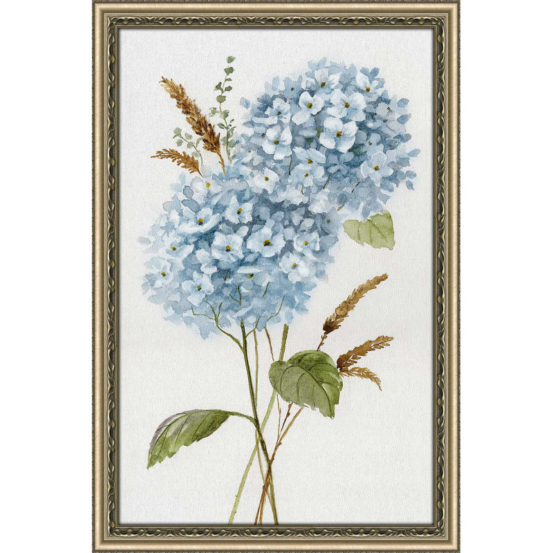 «Petite Blue Hydrangea I» par Nan - peinture sur toile tendue, L 27,5 po x H 39,5 po, Encadrement brun