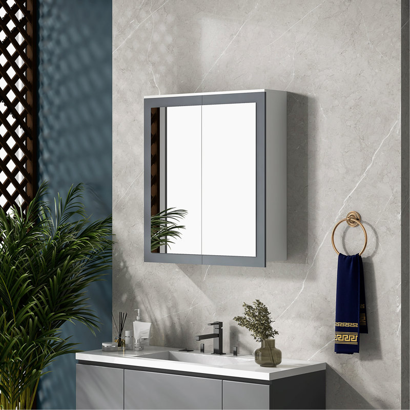 Armoire à pharmacie de salle de bain avec miroir, armoire à miroir murale de salle de bain 27 po x 30 po, armoire de salle de bain murale avec rangement, portes doubles et 2 tablettes réglables, blanc