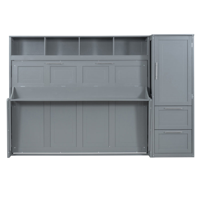 Lit escamotable double avec placard et tiroirs, Gris