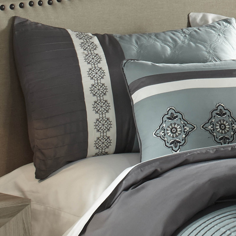 Alex Blue and Gray Queen Comforter Set with Embroidery