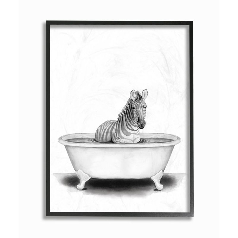 «Zebra in a Tub Funny Animal Bathroom» par Rachel Neiman - reproduction de dessin, Cadre noir, H 14 po x l 11 po x P 1,5 po
