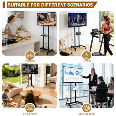 Meuble télé à roulettes, chariot de télévision mobile, convient aux écrans de 32 à 55 pouces, hauteur réglable, avec plateau, pouvant supporter jusqu'à 55 livres, convient aux coins, chambres à coucher, extérieur, espacement maximal des trous de Vesa 400 x 400 mm