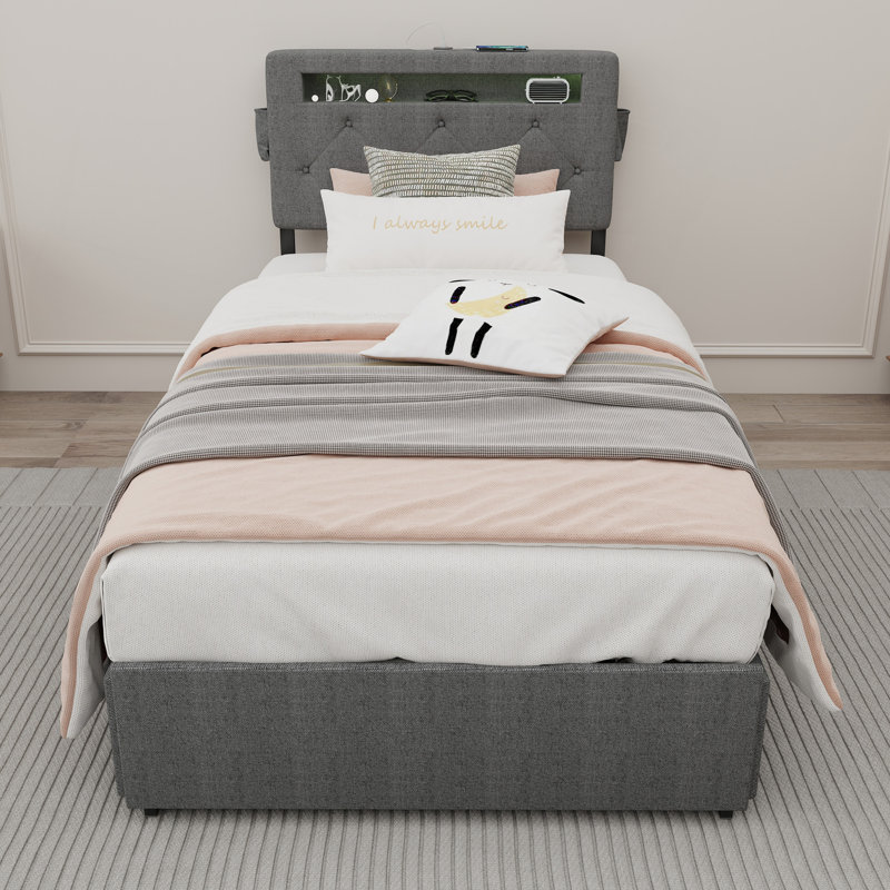 Cadre de lit simple avec station de charge USB et lumières DEL, cadre de lit simple avec tête de lit et 4 tiroirs de rangement, D