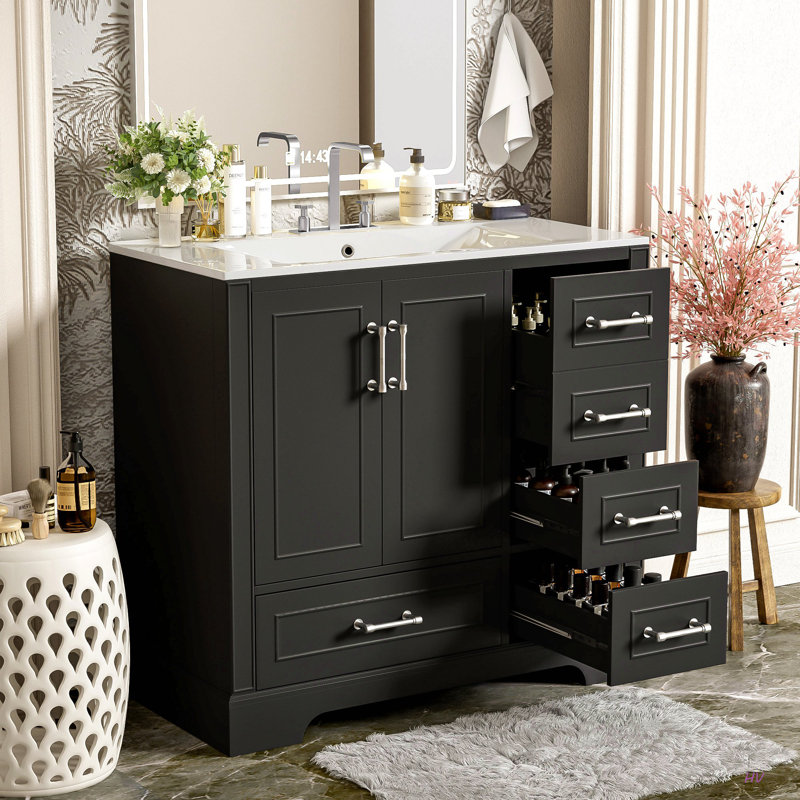 Meuble-lavabo traditionnel 36 po avec lavabo en céramique, armoire de salle de bain avec deux portes à fermeture douce et quatre tiroirs