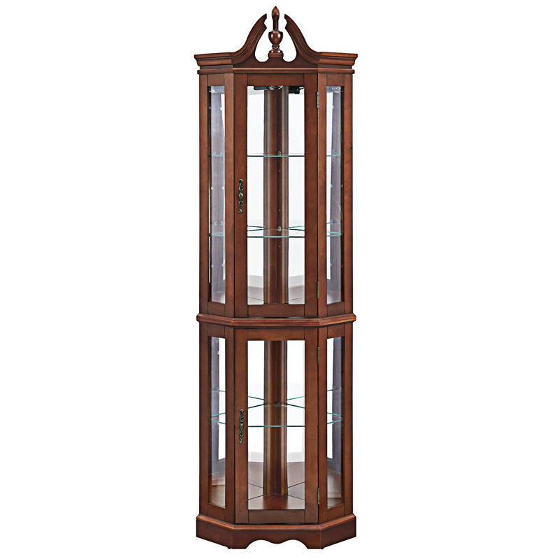Walnut Corner Lighted Curio Cabinet with Glass Shelves