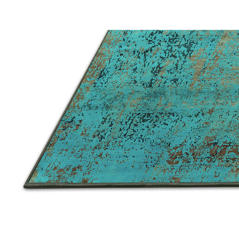 Tapis bleu en laine / polyester tissé à la machine, Rectangle 7 pi x 9 pi