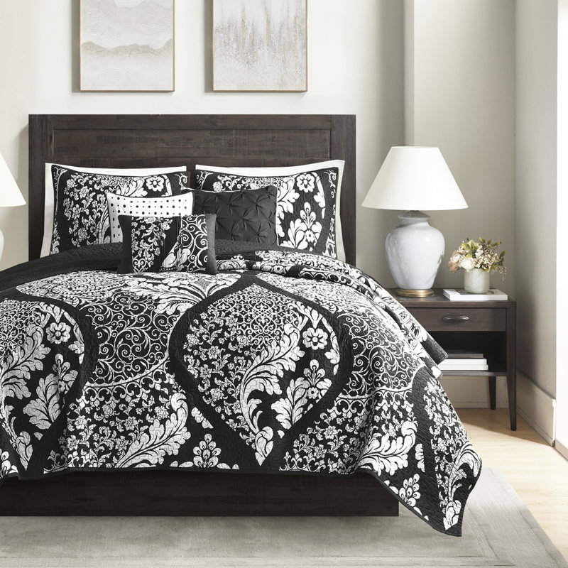 Courtepointe à bordure avec 3 coussins décoratifs Flange, Courtepointe double + 5 pièces supplémentaires, Noir
