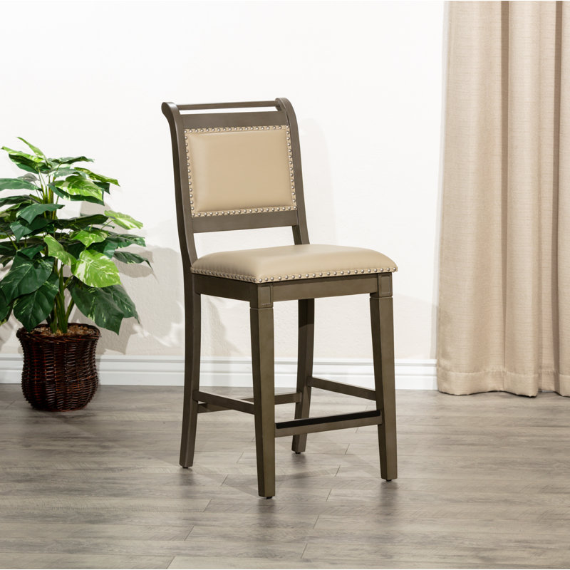 Upholstered Counter Stool with Solid Wood Frame, Leather-Antique White/Gray