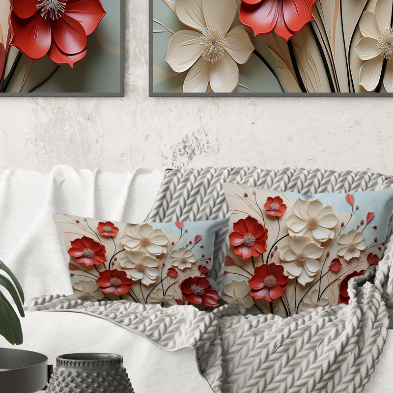 Rouge et blanc Cramoisi fleur E Embrace - Coussin imprimé fleuri, Rectangle H 12 po x l 20 po