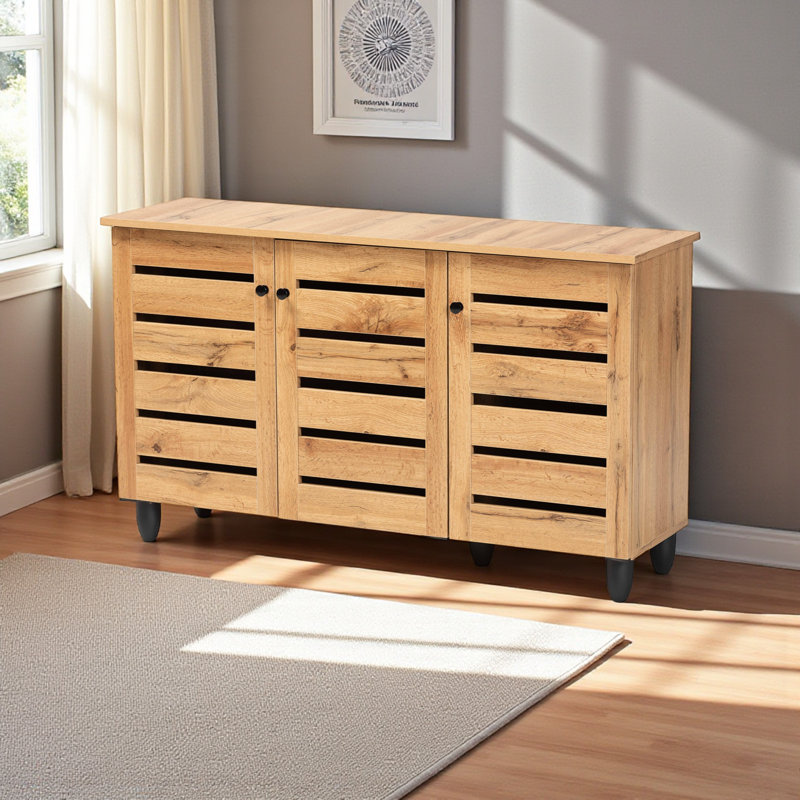Kairo Oak Finish 6-Shelves With Slatted Two-Door Shoe Cabinet, 26.1" H X 44.25" W X 12.94" D