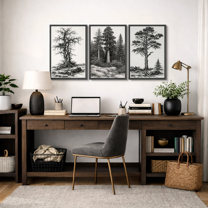 Œuvre d'arbre de forêt rétro, photos de salon rustique, impression sur toile encadrée, 3 pièces, H 36 po x l 72 po x P 1,5 po