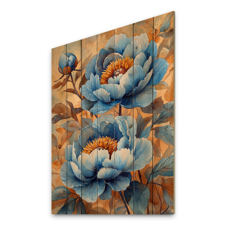 Blue Peonies In The Barnyard IV - Peonies Wood Wall Art - On Natural Pine Wood, 40" H x 30" W x 0.78" D