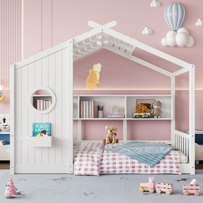 Twin Size Floor House Bed For Toddler, Kids Montessori Bed  With Storage Shelf