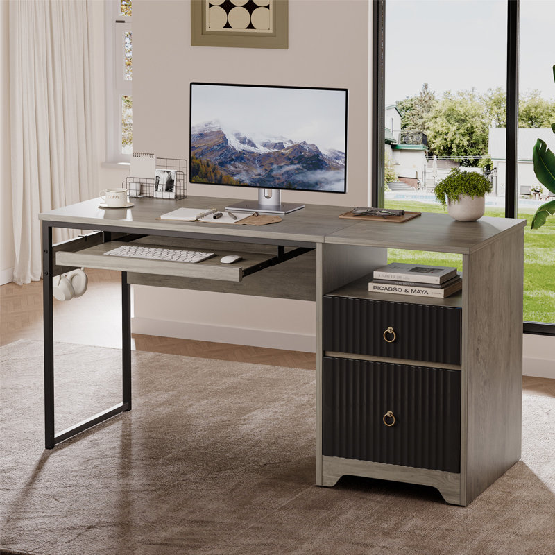 55'' Home Office Computer Desk with File and Storage Drawers,  Fluted Writing Desk with Keyboard Tray&Practical Hook and Open Compartments