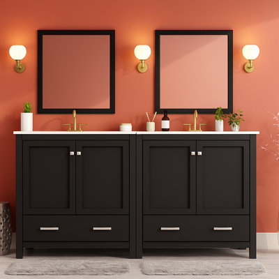 Ensemble de meuble-lavabo double 60 po avec 2 lavabos en céramique, tablette de rangement et tiroirs divisés, armoire de salle de bain moderne (miroir non inclus)