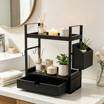 Wood Bathroom Counter Organizer With Drawer And Side Baskets, 2-Tier Vanity Storage Shelf For Skincare, Makeup, Kitchen And Office Countertop Organization