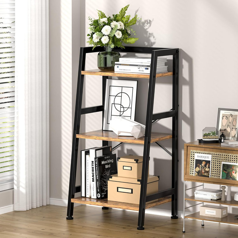 3-Tier Ladder Bookshelf With Steel Frame, Industrial Style Bookcase For Living Room, Home Office, Bedroom, Compact Storage Shelf With Anti-Tip Kit