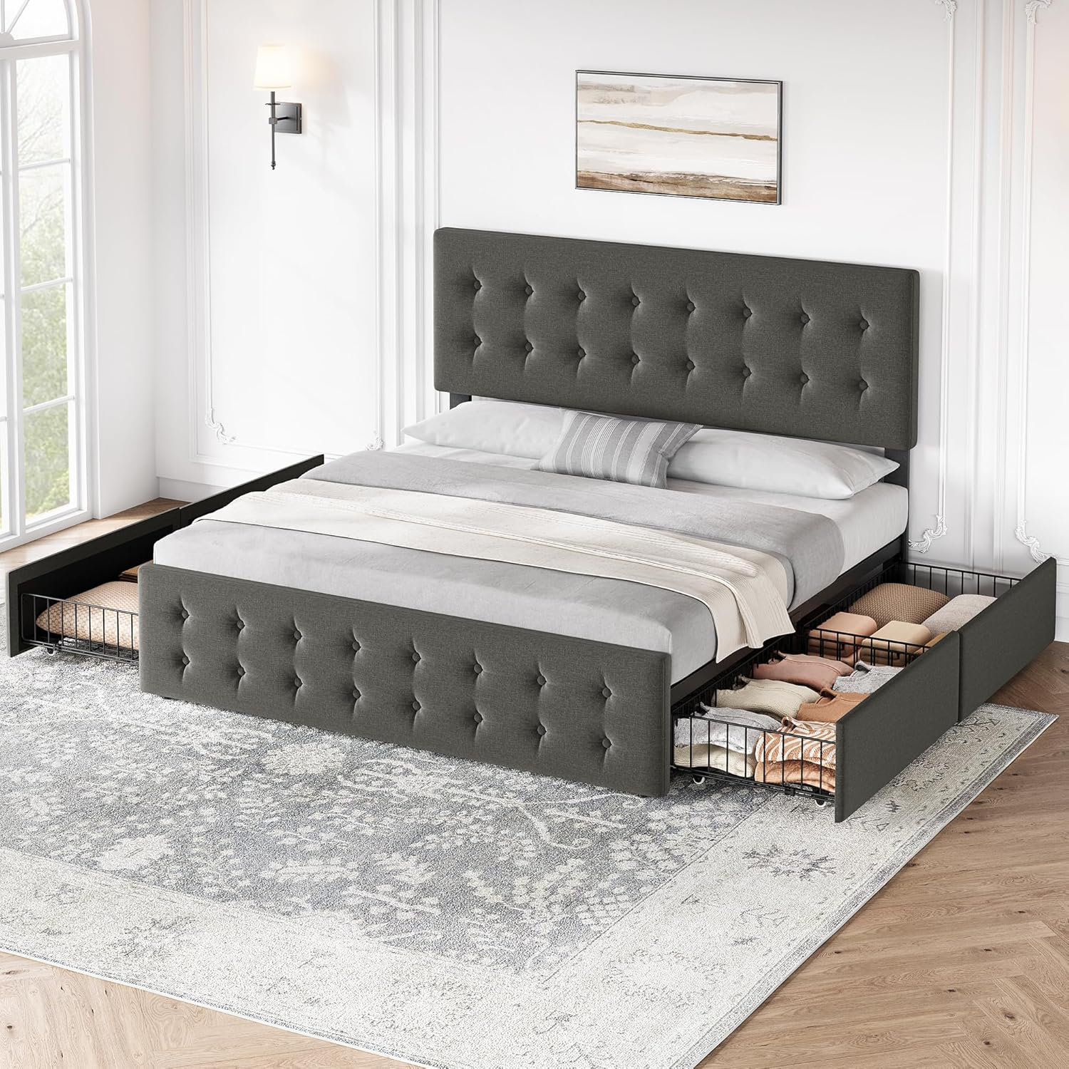 Latitude Run® King Size Bed Frame With 4 Storage Drawers And Headboard ...