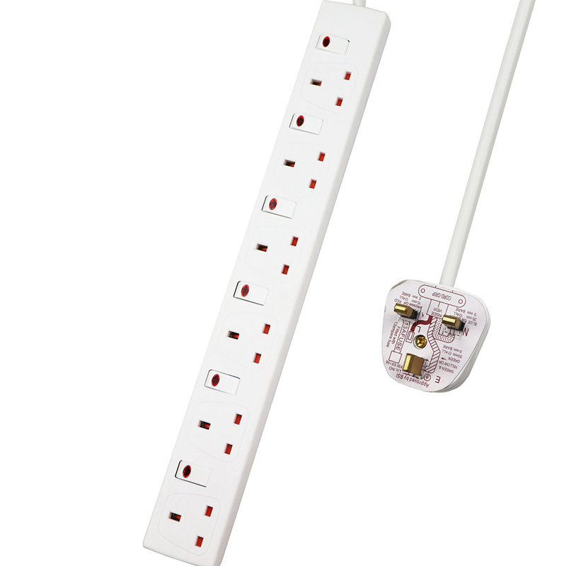 Wall Mounted 6-Way Extension Lead with Individual Switches, 13A Fused UK 3 Pin Plug, 2.5cm H x 45cm W x 5.5cm D, White