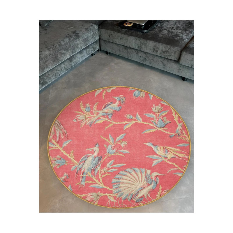 Tapis décoratif moderne à motif de branches rondes et d'oiseaux roses, Rond 3 pi 4 po
