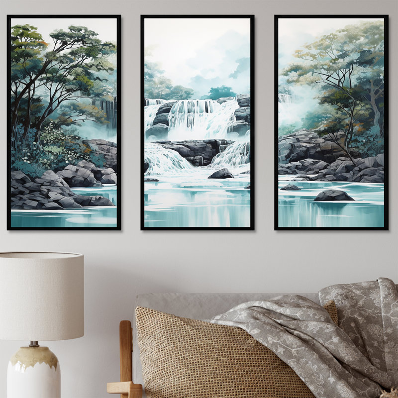 «Waterfall Cliff Scenery Magic II - Waterfall», ensemble d'art mural sur toile, Cadre flottant noir