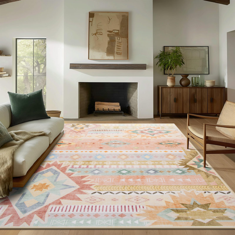 Tapis aztèque à motif marocain lavable à la machine Wymond avec envers antidérapant, Rectangle 6 pi x 9 pi