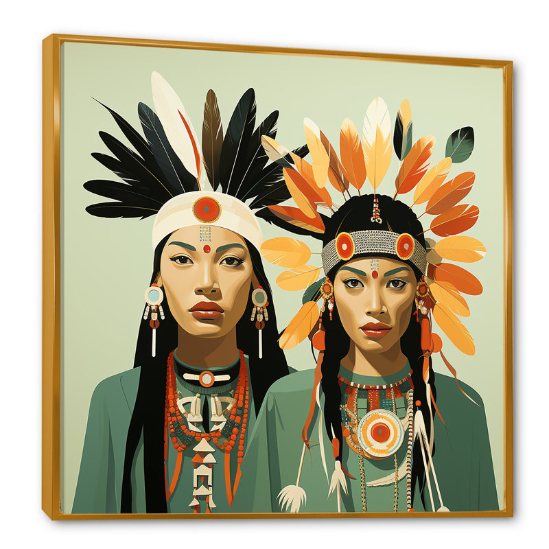 Native American Feathered Legends sur toile, Cadre flottant doré, H 30 po x l 30 po