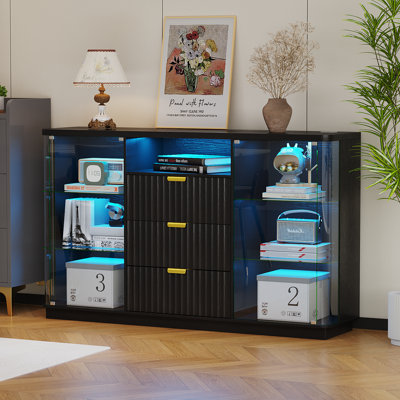 Modern Sideboard Buffet With Led-lit Glass Display Cabinets Fluted Drawers