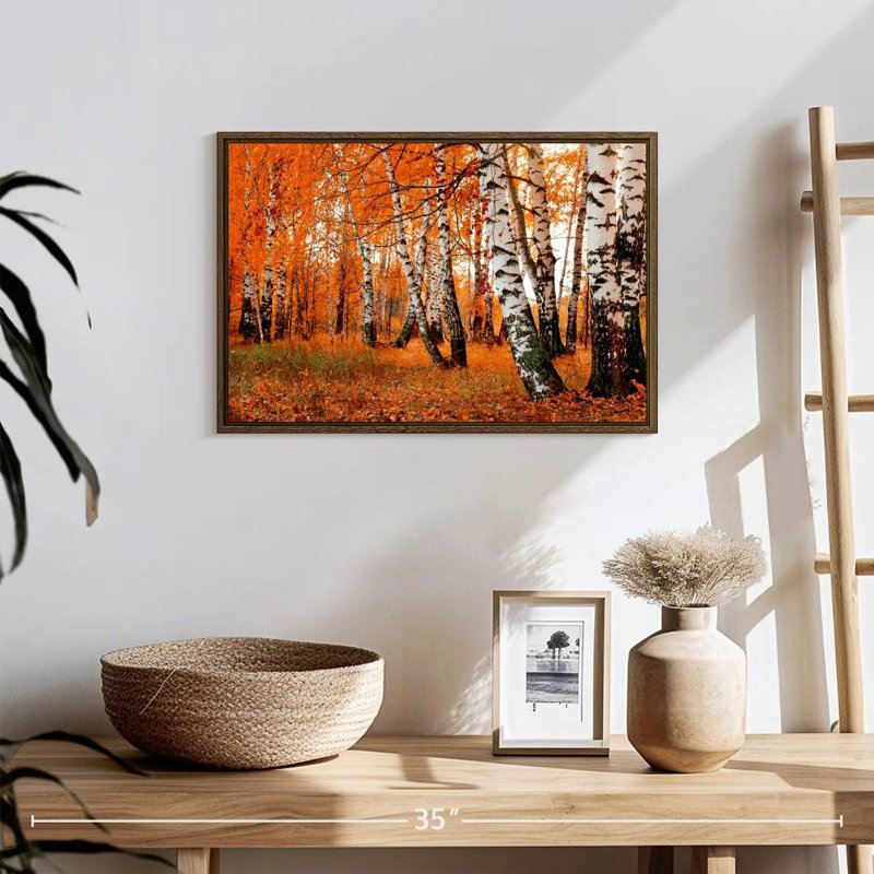 Forêt de bouleaux orange, 19 po x 13 po, Cadre flottant noyer