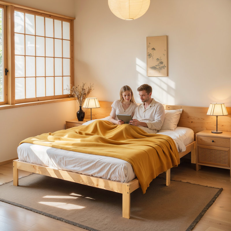 12 Inch Solid Wood Platform Bed Frame，Wooden Bed Frame with No Box Spring Needed, Queen, Yellow