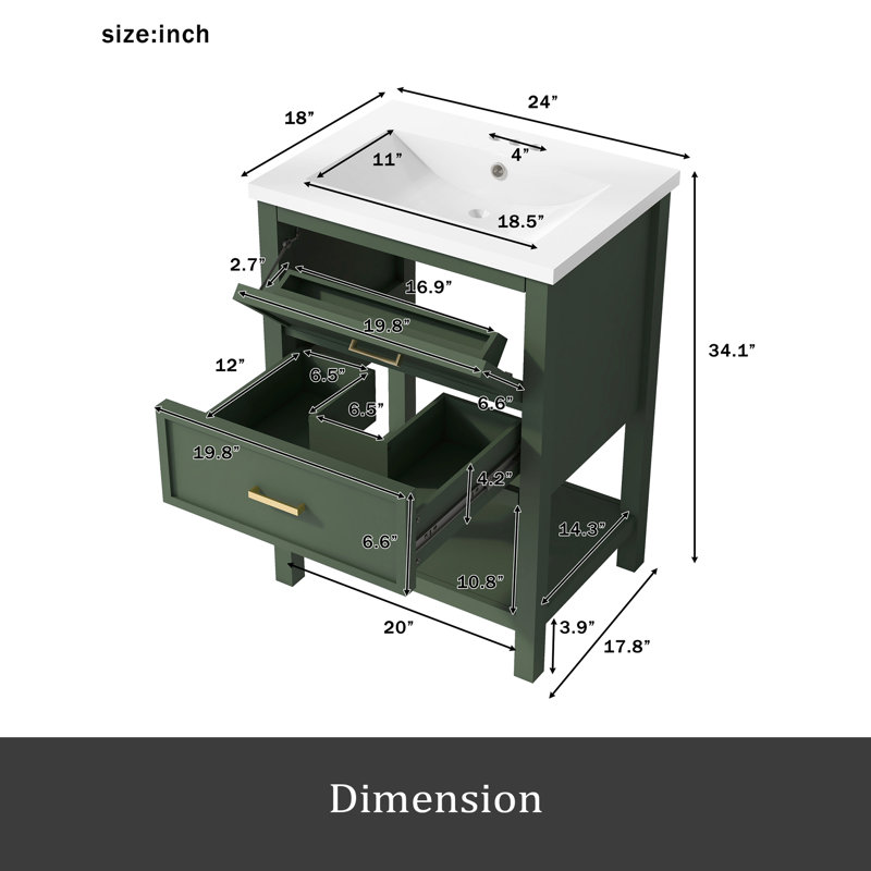 Meuble-lavabo 24 po avec lavabo supérieur, meuble-lavabo moderne avec 2 tiroirs et meuble-lavabo simple, Vert