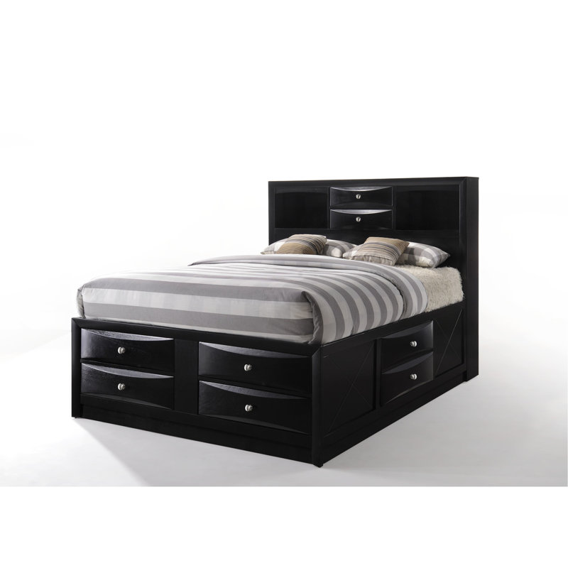Lit de rangement pour grand lit au fini noir, 8 tiroirs de différentes tailles, placage de bois (taille avec fonction, rails latéraux et
