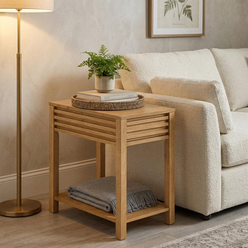 Charnay Rectangular Wood Chairside End Table With Charging Station And Storage, Light Oak