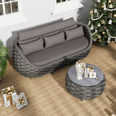 3 - Person Polyester Rope Altuminum Frame Outdoor Patio Sofa With Cushions And Coffee Table For Cabin Deck Balcony Porch Sunroom Conversation Room Living Room