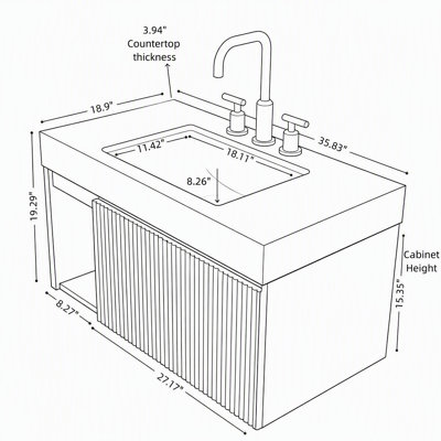 Meuble-lavabo flottant de 36 pouces avec plateau en pierre frittée veiné or crème, lavabo en céramique et trois trous de robinet pré-percés