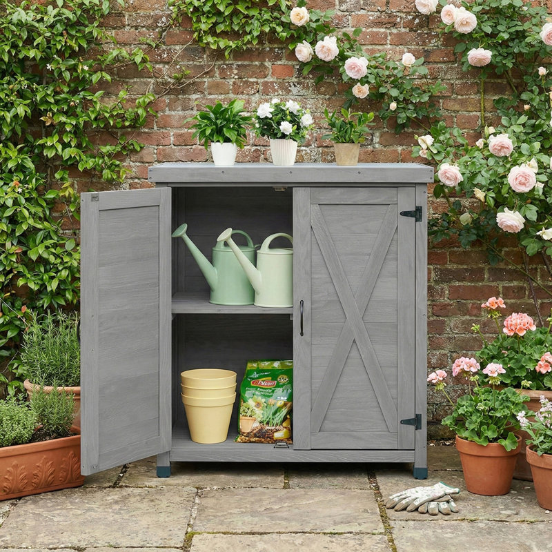 Potting Bench With Storage Cabinet And Metal Table Top For Outdoor Patio,Outdoor Work Station Table, Gray