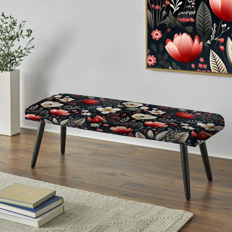 Banc noir rembourré Botanical, Charme de jardin rustique rouge et blanc
