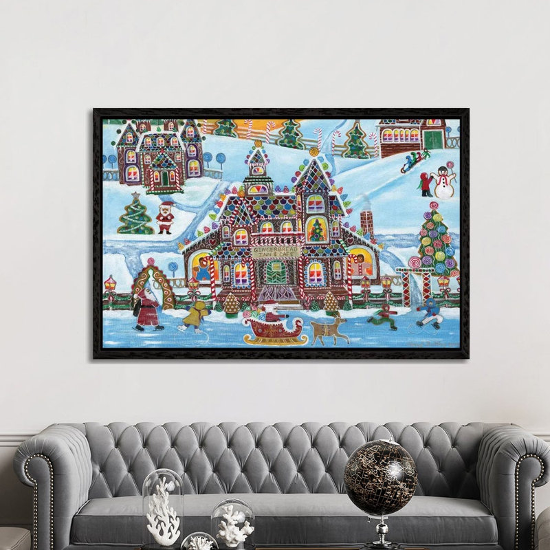 Christmas Gingerbread Inn And Cafe by Cheryl Bartley - Print on Canvas, 152.5 cm H x 101.5 cm W, Black Framed