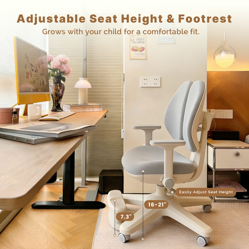 Kids 21'' Auto-Tracking Backrest Activity Chair and Ottoman, Adjustable Height Kids Desk Chair