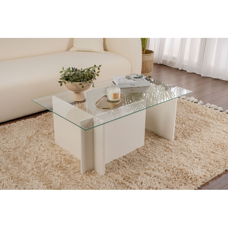 Table basse moderne avec plateau en verre trempé, couleur travertin, 105 x 40 x 65 cm, cadre 100% mélaminé, conception en marbre, pour le salon et les espaces contemporains