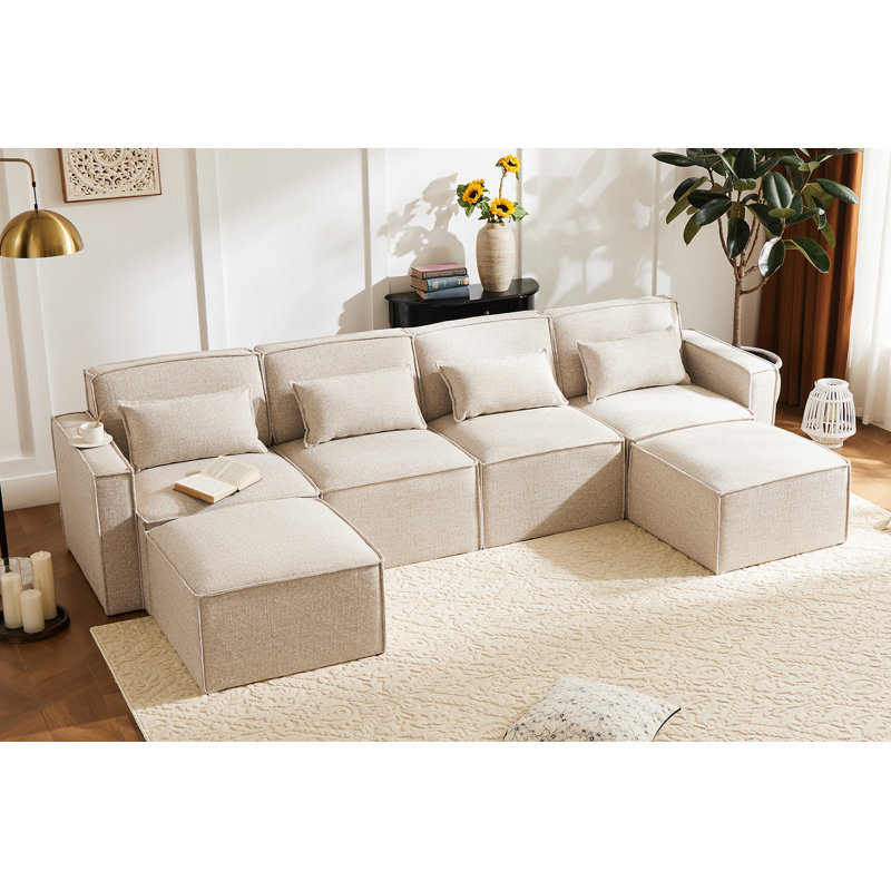 Canapé modulaire 120 po avec deux repose-pieds modulaires en tissu de luxe Boucle, Lin