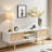 55" White Rattan TV Stand, Double Sliding Doors, Adjustable Shelf, Solid Wood Legs, 220 lb Cap, Living Room-1927857824