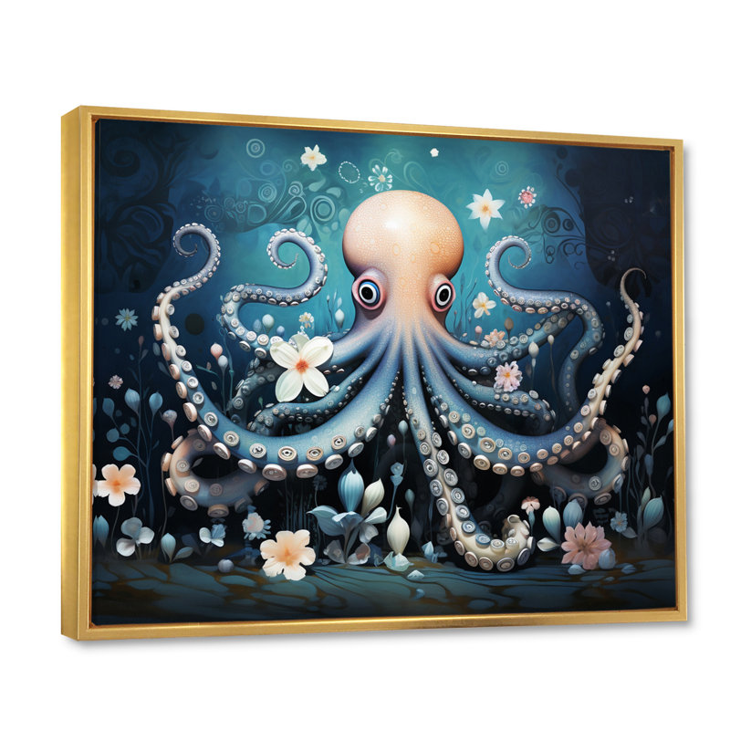 Pieuvre éthérée au fond profond, Illustration I, H 24 po x l 32 po x P 1 po, Cadre flottant doré