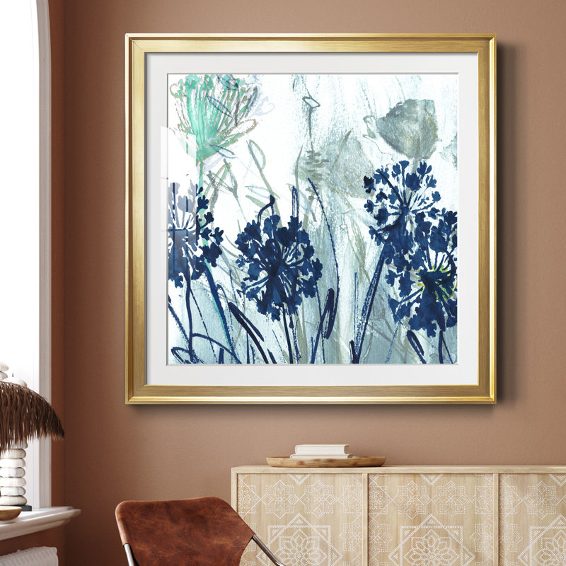 Indigo Field I - peinture encadrée, H 34,5 po x l 34,5 po x P 1,5 po, Encadrement doré
