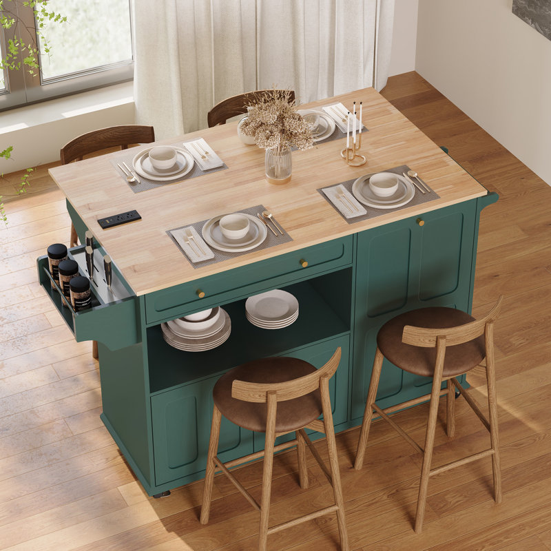 Îlot de cuisine moderne de style Mid-Century, 121 cm de large, sur roulettes, avec tiroir, tablette ouverte et espace de rangement pour les déchets.