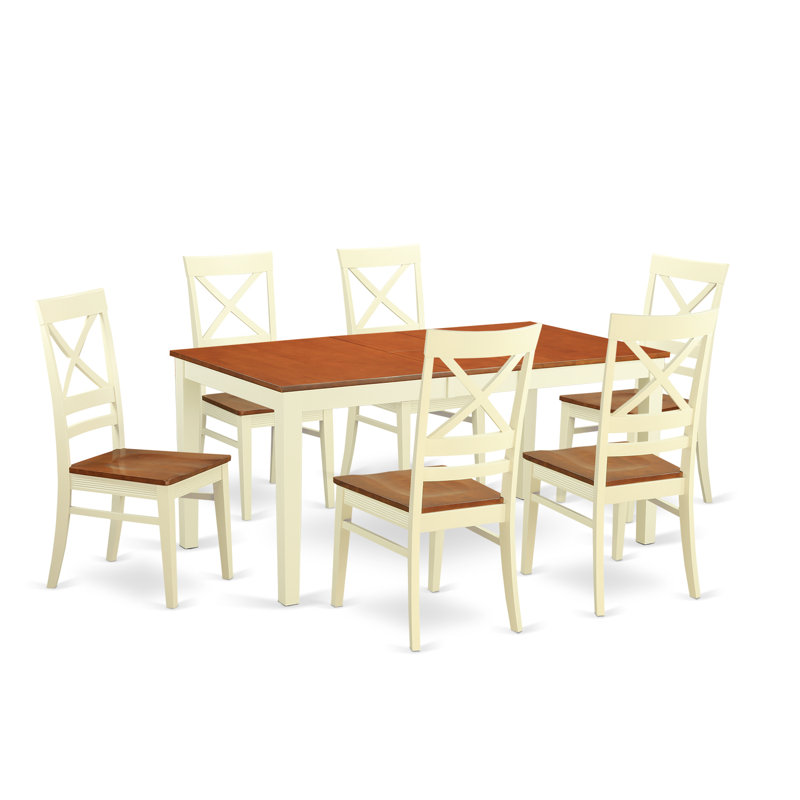 7 Piece Dining Table Set of a Rectangle Dining Room Table with Butterfly Leaf and 6 Wooden Seat Chairs, Buttermilk & Cherry