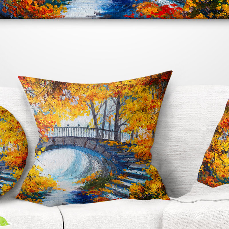 Forêt d'automne avec pont - coussin à imprimé paysage, 16 po x 1 po, Carré